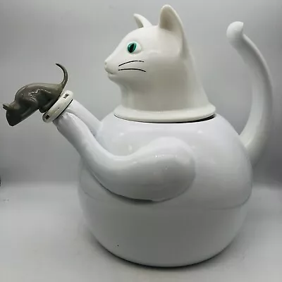 $39.99 • Buy Vintage Stove Top Teapot Enamel White Cat Holding Gray Mouse In Its Paws