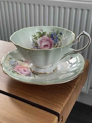 QUEEN ANNE Fine Bone China Pedestal Tea Cup & Saucer Green & Flowers Gold Rims • £20