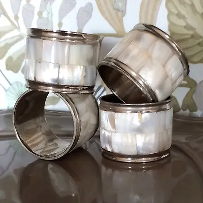 Napkin Rings 4 Mother Of Pearl Mosaic Silver Plate Elegant India 2  • $18