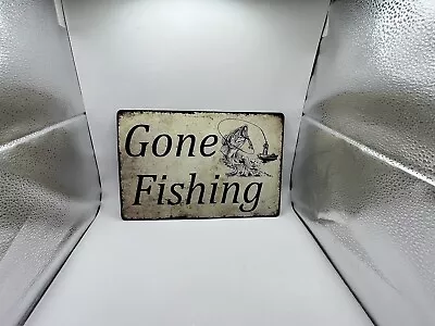 Vintage Tin Sign | Gone Fishing | 8” X 12” Inch | Retro Decor Art | Metal | • $13