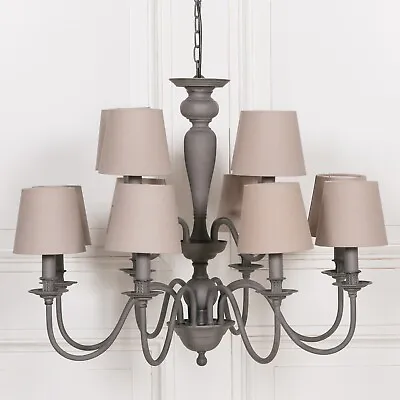 Large 12 Branch Arm French Style Aged Grey Metal 2 Tier Chandelier Ceiling Light • £270