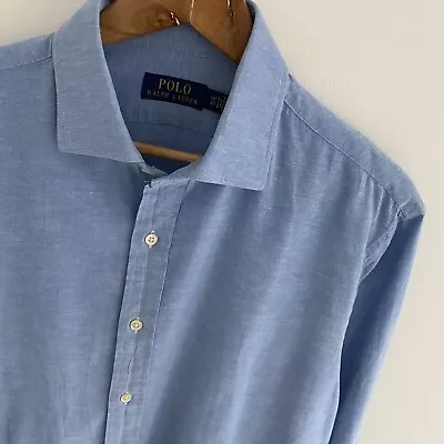 Mens Polo Ralph Lauren Sky Blue Solid Linen Long Sleeve Shirt Size XL X Large • £37.95