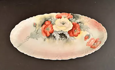 Antique J. Pouyat Limoges Hand Painted 12” Oval - Red Orange Poppies & Wheat • $49.95