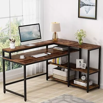 Corner Computer Desk With Shelves & Monitor Stand Reversible Study Writing Table • $179.39