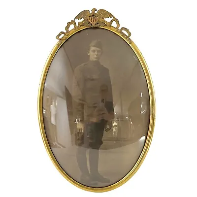 Antique Bubble Glass Metal Frame Picture WW1 Soldier Brass Oval American • $500