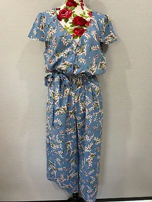 Pportmans Blue Short Sleeved Floral Wide Leg Jump Suit Short Sleeved Size 14 • $19
