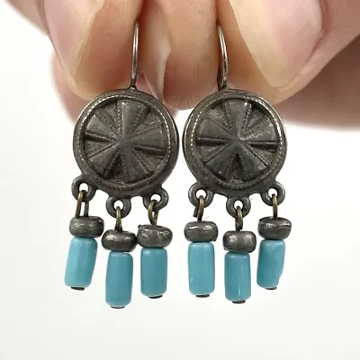 $19.80 • Buy Vintage 80’s Ben Amun Earrings With Pewter And Turquoise Blue Glass Beads