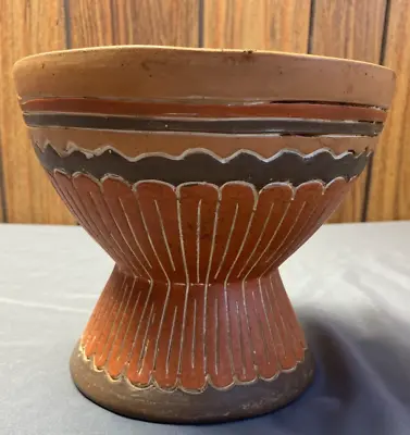 Vintage Mexican Pottery Handmade Clay Vase Brown Aztec Folk Art 6 1/2 X 7 1/4 • $15