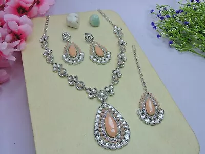 Peach Indian Bollywood Wedding Silver Plated Kundan Jewelry Necklace Earring Set • $35.99