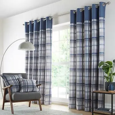 Curtains Blue Grey Eyelet Ring Top Lined Curtains Tartan Check Ready Made • £20.69