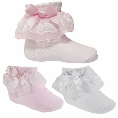 Baby Girl Frilly Socks Lace Ribbon BOW  • £3.49