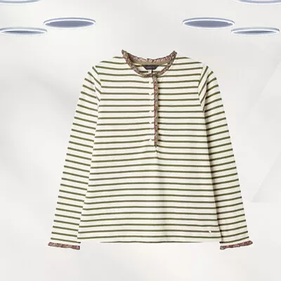 Ex Joules Women's Long Sleeve Cotton Frill Detail Top In Green Stripe • £27.99