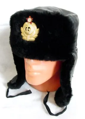 £95 • Buy USSR Russian Navy Officer Black Mouton Sheepskin Fur Ushanka Hat Badge 60cm XL  