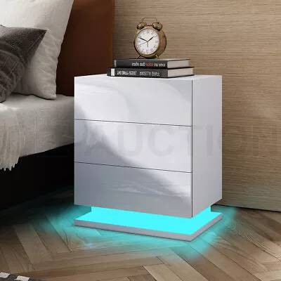 $104.95 • Buy Modern RGB LED Bedside Tables 3 Drawers Nightstand Gloss Bedroom Furniture White