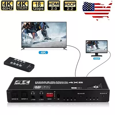 4 In 2 Out HDMI Matrix Switch Splitter 4K 60Hz With Toslink Spdif Audio Out US • $40.43