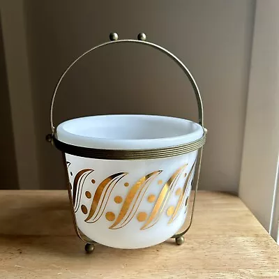 Vintage Retro MCM Milk Glass Ice Bucket Gold Trim With Metal Stand • $21.75