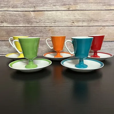 Vintage Footed Demitasse Tea Cup Saucer Set MCM Rainbow Multicolored Pedestal • $67.85