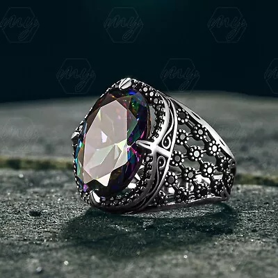 925 Sterling Silver Oval Mystic Topaz Stone Men's Ring • $44.90