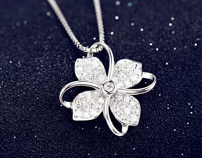 Clover Crystal Pendant 925 Sterling Silver Chain Necklace Women Ladies Jewellery • £3.49