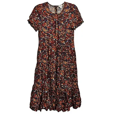 J. Crew Factory Floral Maxi Dress Small Red Orange Black Puff-sleeve Tiered Midi • $24.99