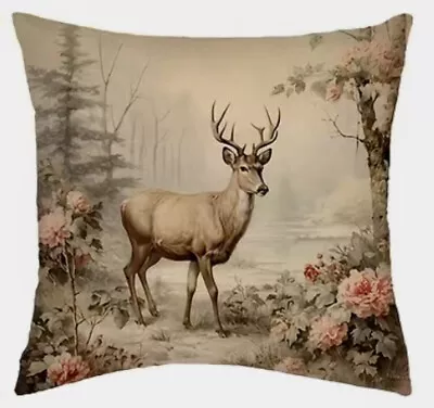 DEER WINTER OLD WORLD Cabin Lodge Lake House Throw Pillow Cover Home Decor • $13.08