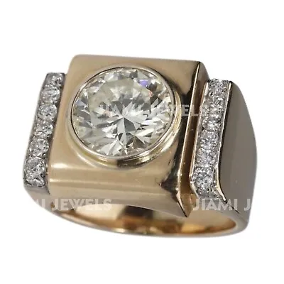 Heavy Bezel 5Ct Round Moissanite Men’s Signet Retro Ring 14k Yellow Gold Silver • $299