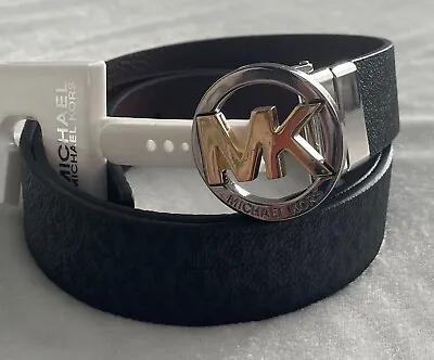 NWT Michael Kors Silver Gold Tone MK Logo Buckle Black Brown Reversible Belt ML • $35.99