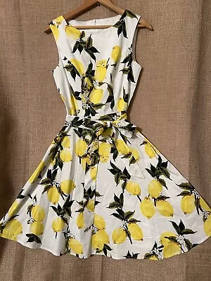 Hanpceirs Dress M Lemon Citrus Print Fit And Flare Belted Retro Vintage Style • $39.99