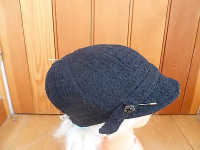 £9.99 • Buy Monsoon Accessorize Black Textured Wool Look Baker Boy Peaked Hat Cap Pin Bnwt
