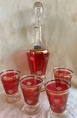 Italian Vintage Glass Liquor Decanter Set Red Cranberry Gold With 4 Glasses • $24.99