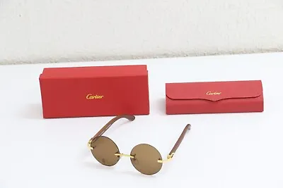 Cartier Rimless Men's Round Sunglasses Wood Arms/Gold  Paris 140 France 81339125 • $999.99