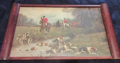 Fox Hunting Scene Under Glass On Vintage Wood Serving Tray • $25