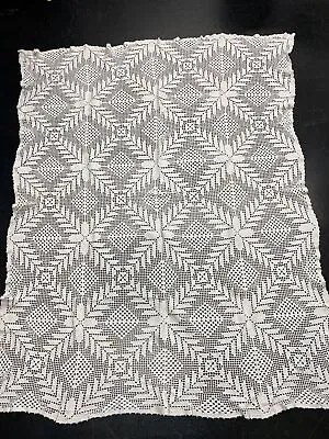 Vintage White Cotton Crochet Tablecloth Topper Squares Chevrons Pattern 77x63 • $29.99