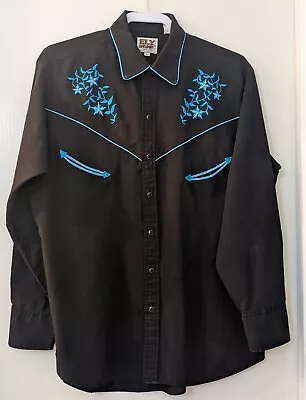 Vintage 90s Ely Cattleman Western Shirt Pearl Snap Sz L Turquoise/Black Mens • $25