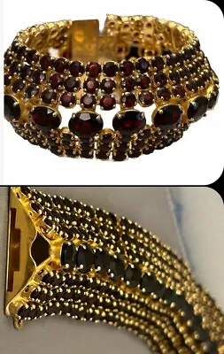 HUGE Vintage Gold Plated Garnet Glass Crystal / Rhinestone Bracelet Runway BOLD • $188