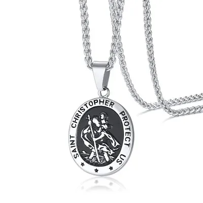 Mens St Saint Christopher Medal Pendant Necklace Stainless Steel Amulet • $13.86