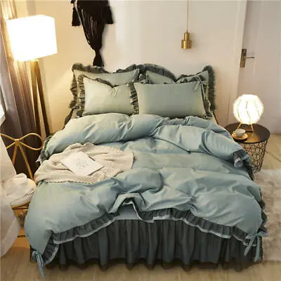 Cotton Ruffle Bedding Kit Duvet Quilt Cover Bed Skirt Pillowcase Set 4 Sizes • £50.53