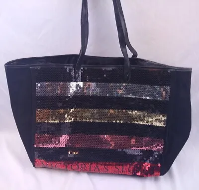 Victoria Secret Black Stripe Sequin Bling Weekender Beach Tote Bag 11117941 • $14.99