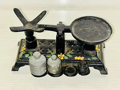 Vintage Hand Painted Antique Cast Iron 5in X 3in Balance Scale With Weights • $20