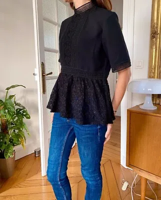 ZARA Womens Black High Neck Lace Contrast Combined Peplum Top T-shirt Blouse S • £6.99