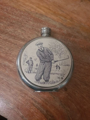 £15 • Buy Vintage Golf Hip Flask Sheffield Hand Crafted Pewter