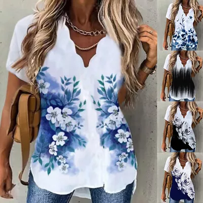 Womens Floral V-Neck Short Sleeve T Shirt Tops Ladies Summer Casual Loose Blouse • $15.79