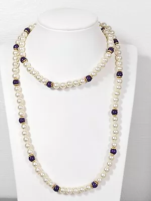 Vintage Ivory Color Faux Pearl Purple Bead Gold Tone Classic Retro Necklace 36  • $9.09