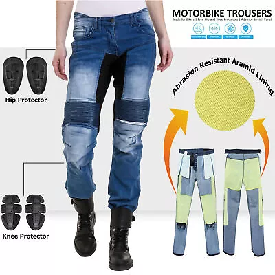 Womens Motorcycle Pants Denim Blue Motorbike Jeans Aramid Lining Armour Trousers • $69.99