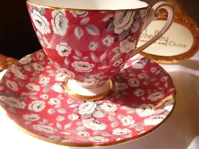 SHELLEY  RED TAPESTRY ROSE  CHINTZ  * RIPON * FOOTED  CUP And SAUCER  #14284 • $148.20