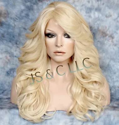 $94.95 • Buy Human Hair Blend Full Wig Bleach Blonde Wavy Bang Heat OK Feather Sides WEPX 613