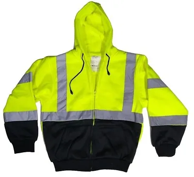 Hi Vis ANSI Class 3 Safety Hooded Sweatshirt Zip Up Hoodie Black Bottom • $19.99