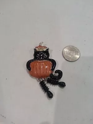 Vintage Halloween Pin Brooch Enamel Black Cat Pumpkin Dangle Legs • $11.99