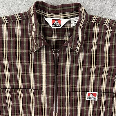 Ben Davis Shirt Medium Burgundy Plaid 1/2 Zip Pockets Short Sleeve Workwear • $44.95