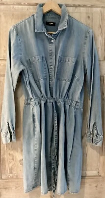 £2 • Buy Denim Shirt Dress Size 16 Button Front, Tie Belt Faded Wash